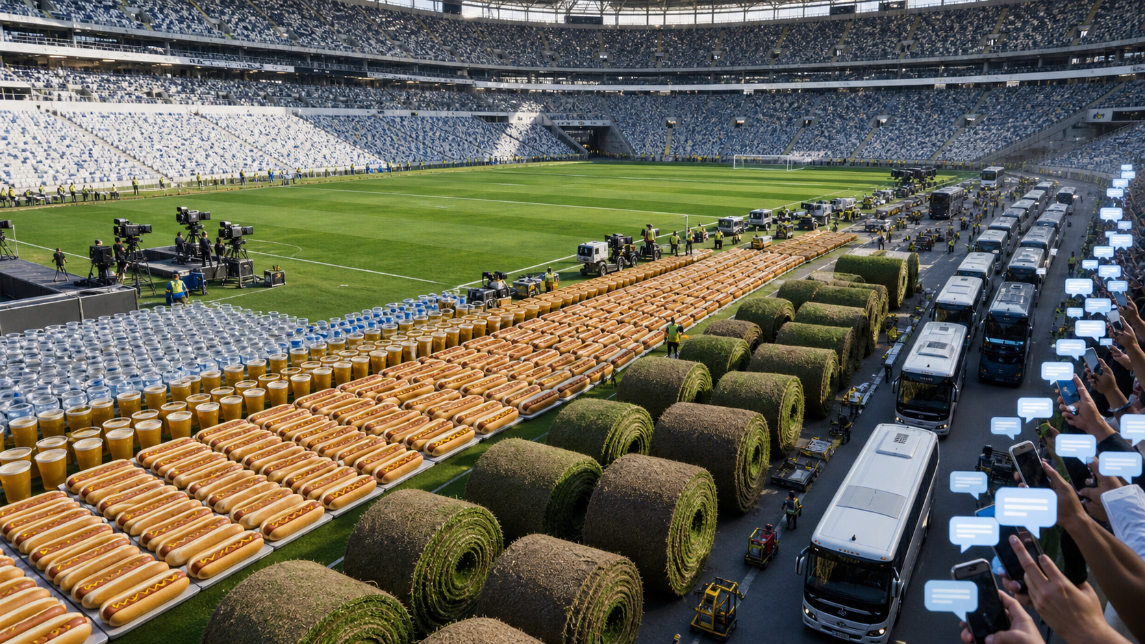Explanatory image combining hot dogs, drinks, turf rolls, team buses, cameras and phone messages inside a large football stadium