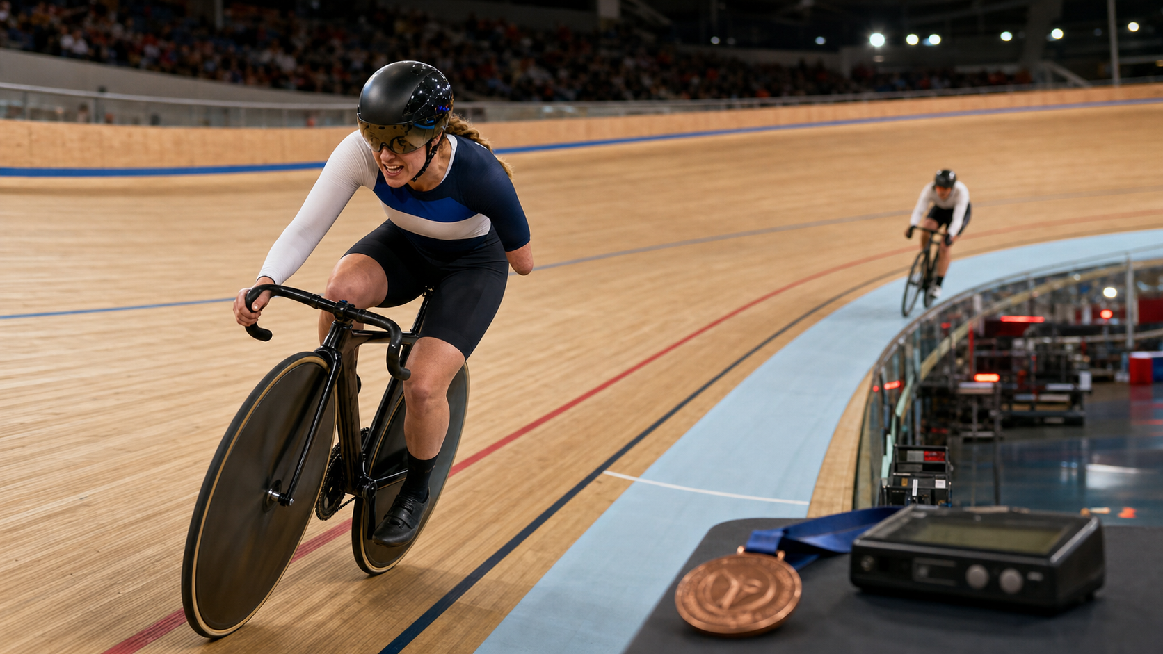 Explanatory image of a woman para-cyclist racing in a velodrome beside a bronze medal and timing device
