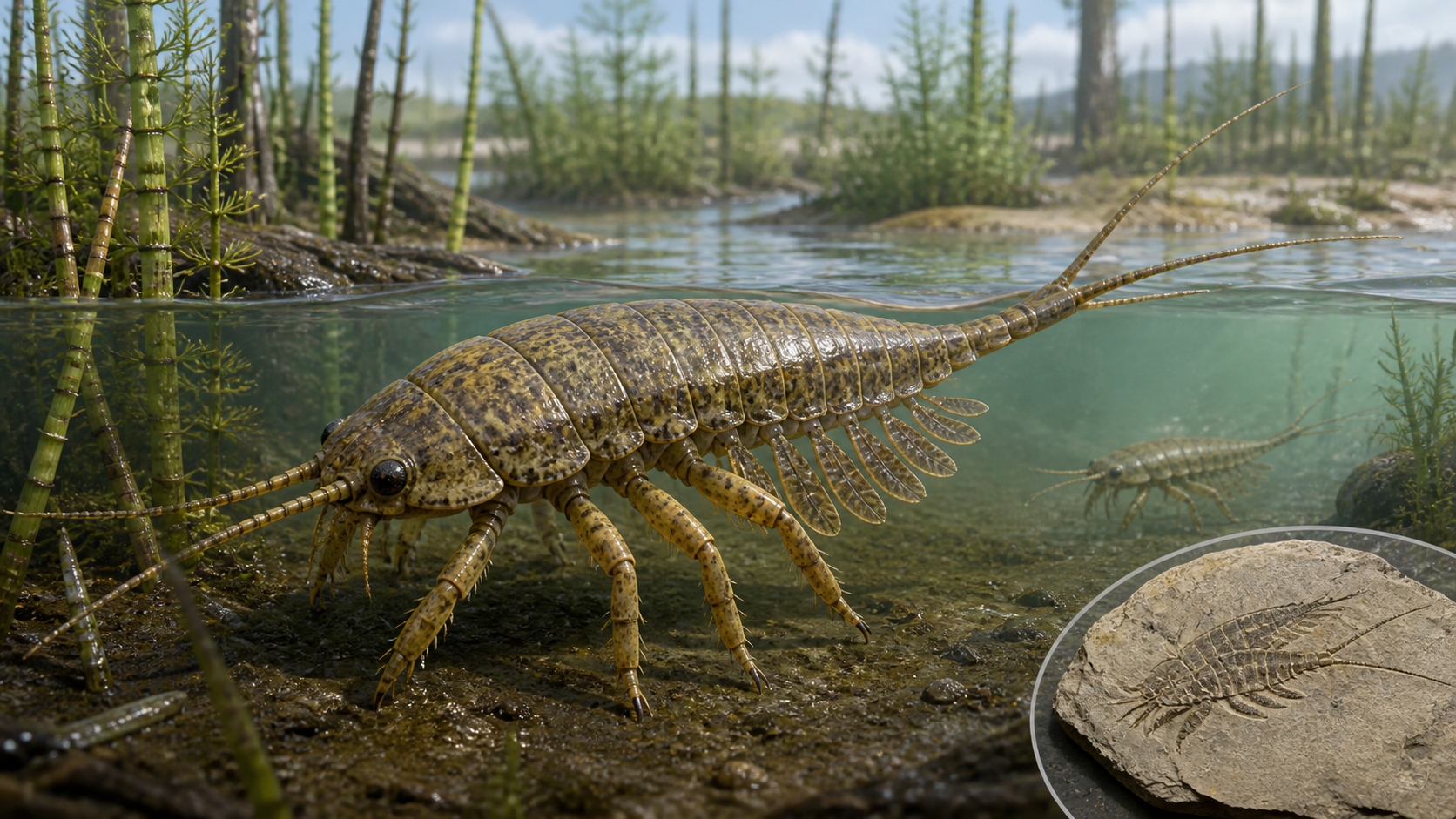 現代の昆虫は脚が6本だが、3億2400万年前のこの昆虫は腹部に櫂のような脚をさらに18本もっていた