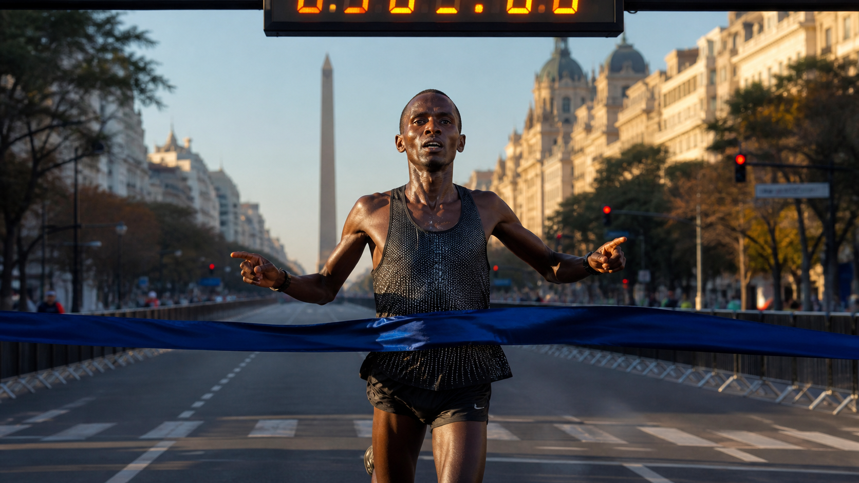 Anh chạy 21,0975 km trong 56 phút 51 giây và kỷ lục thế giới bán marathon nam vẫn còn gắn dấu hoa thị.
