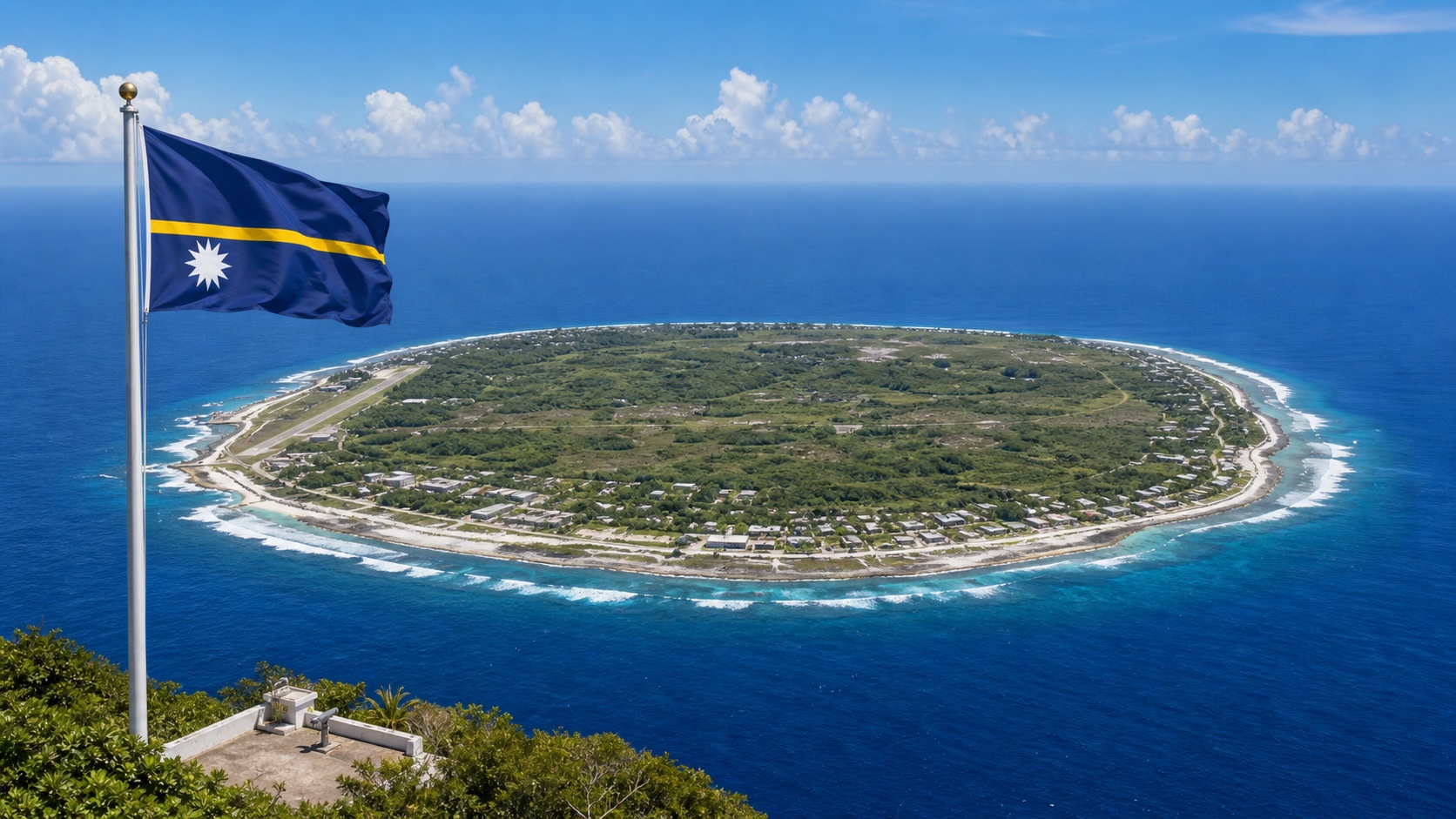 Vista explicativa de una pequeña isla coralina del Pacífico con la bandera de Naoero