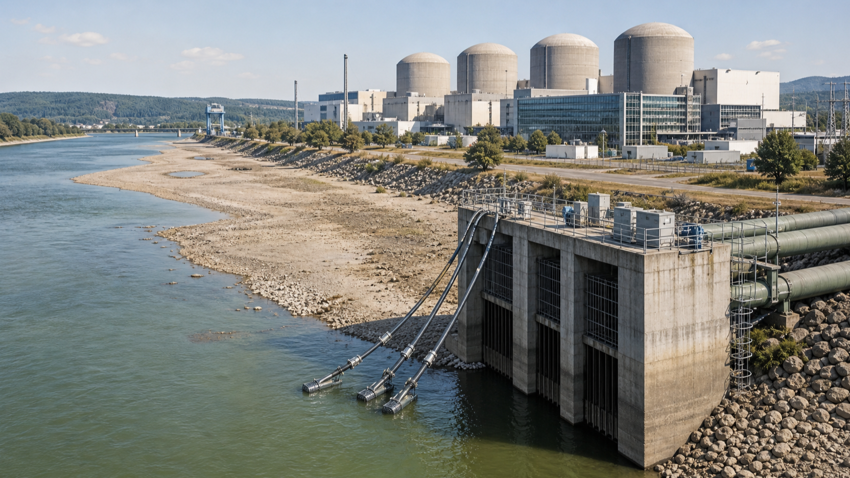 Imagen explicativa de un río muy bajo junto a la toma de refrigeración de una central nuclear