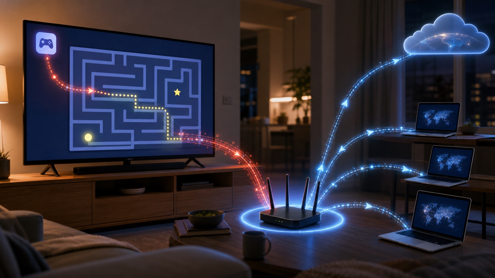 Hình minh họa lưu lượng đi qua TV thông minh và bộ định tuyến gia đình tới các máy tính bên ngoài