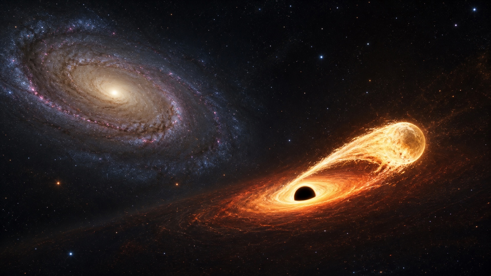 銀河中心から離れたブラックホールが星を引き裂く様子を示す科学イラスト