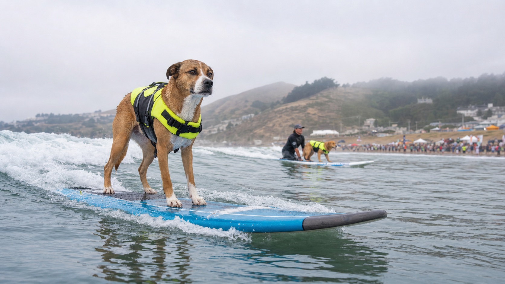 Un perro con chaleco salvavidas surfea y detrás aparece un equipo tándem de perro y persona
