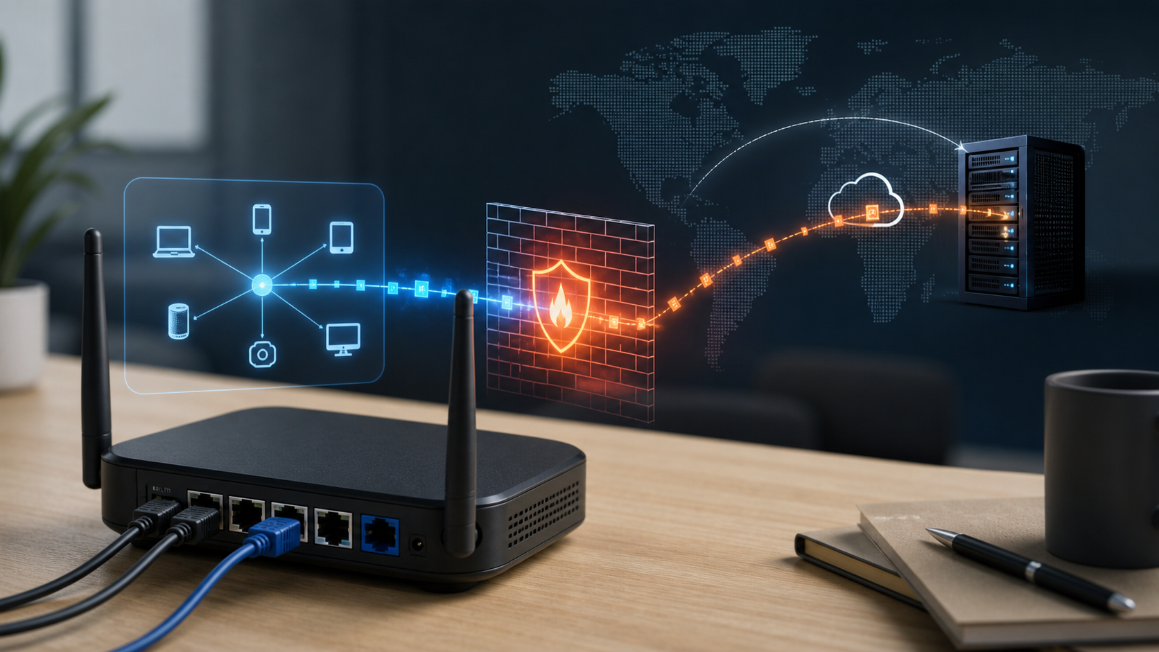 Concept image of a router communicating with a remote server beyond a firewall