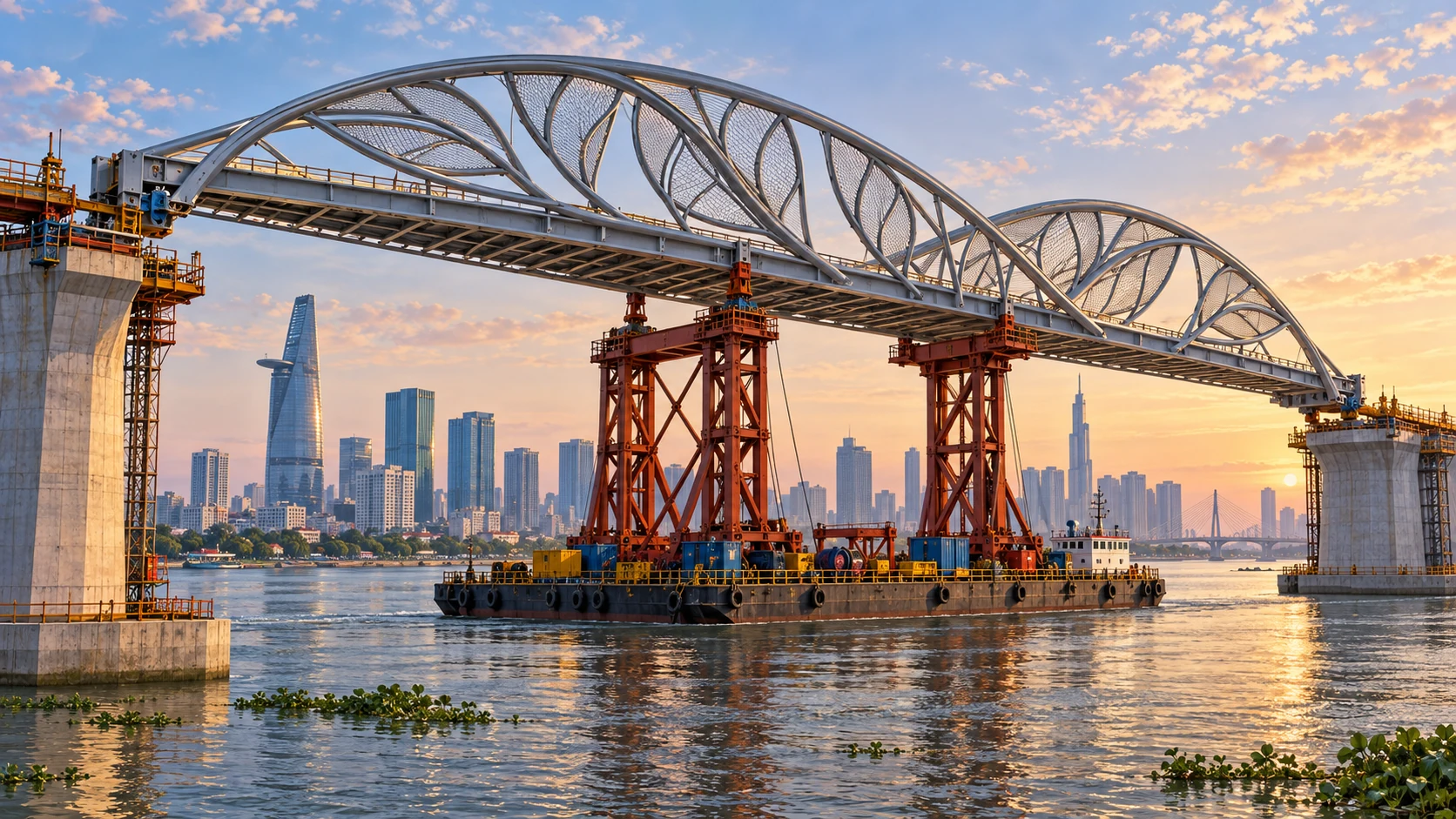 Saigon River footbridge span joined; 3,400-tonne shipment included temporary supports
