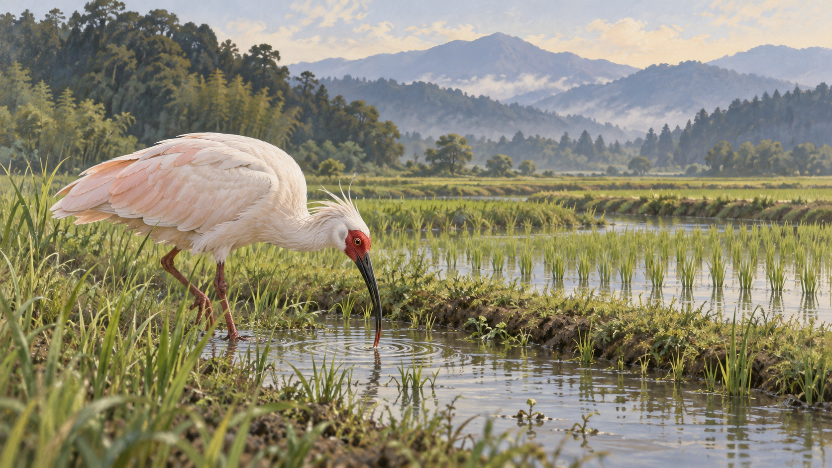 Un ibis crestado aparece a más de 300 km de Sado: primera confirmación en Shiga